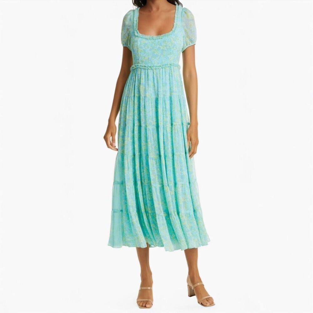 Likely Chloe Dress 8 Blue Floral Tiered Ruffle Green Coquette Maxi Wedding Guest
